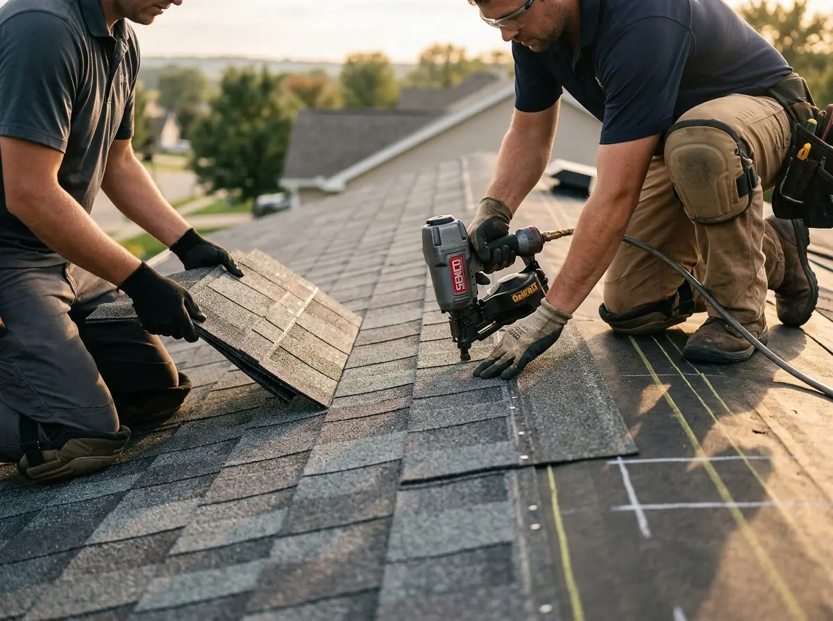 Professional roofer working on a residential roof in Inwood